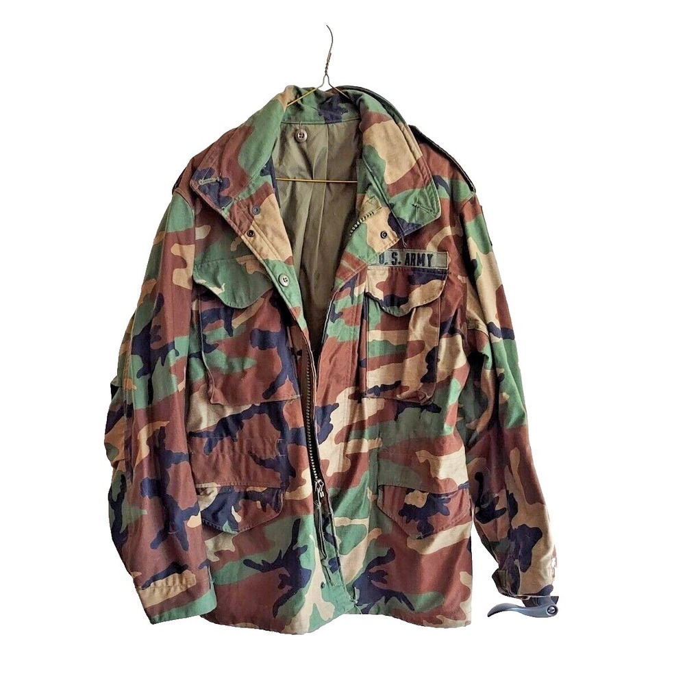 US Army Jacket Men's Medium Green Brown Camouflage Full Zip Snap Button Military